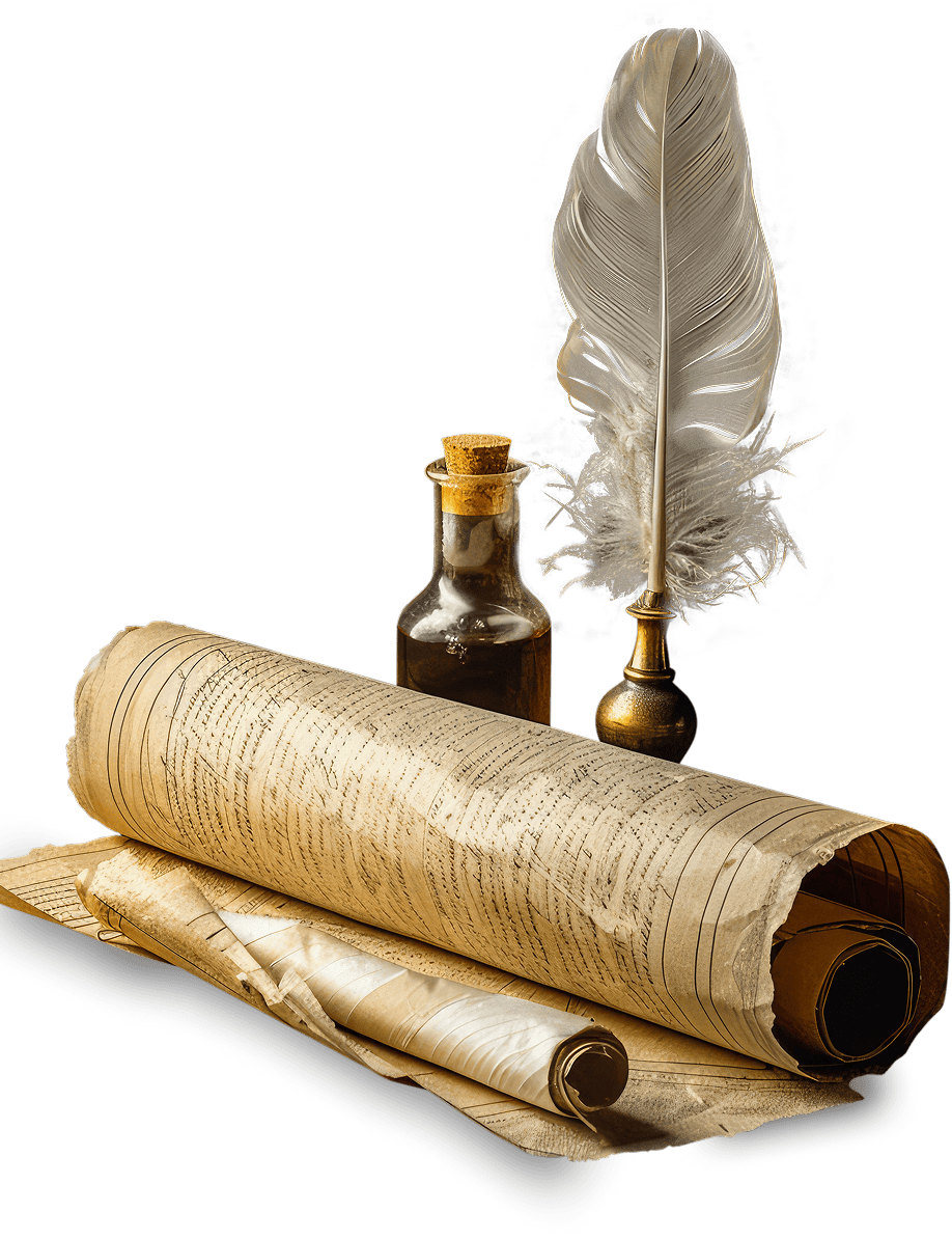 A scroll, quill, and ink